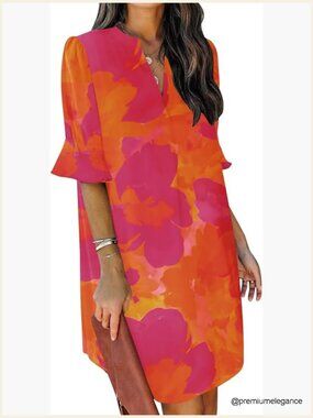 Polyester Shift Dress with V-Neck Ruffle Sleeves, Casual Summer Wear